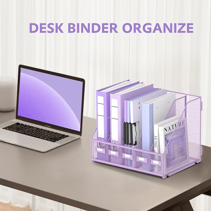 5 Vertical Compartments Magazine Holder, Metal Binder Organizer, Purple | Space-Saving Desktop Storage, Built-In Label Holders, Anti-Slip Feet, Sized for Binders, Folders, Magazines and Files
