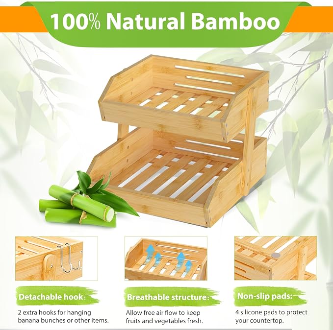 Gmtsl Bamboo Fruit Basket for Kitchen, Fruit Holder for Kitchen Countertop | 2 Tier Fruit bowl for Kitchen Counter, Fruit Stand, Vegetable Basket Storage, Produce Organizer, Bread Snack Display(BAMBOO)