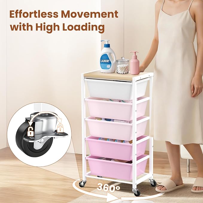 Rolling Cart with 5 Drawers, Plastic Drawer Storage Carts with Wheels & Wooden Tabletop, Metal Utility Cart for Office Bedroom Living Room Classroom, Craft Organization and Storage, Pink