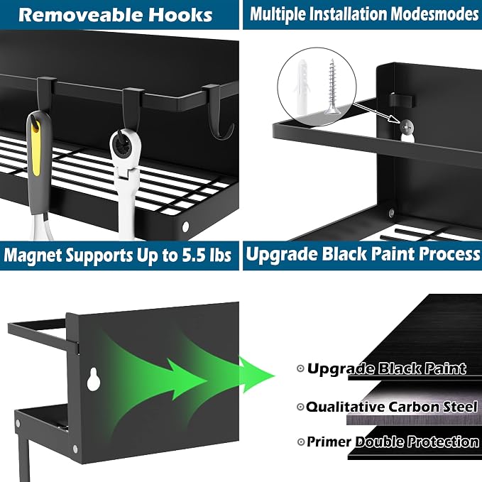 Magnetic Spice Rack Organizer for Refrigerator, 2 Pack, Paper Towel Holder Magnetic with Hooks, Multi Use Kitchen Shelf, 12.8"x4.3"x6.3", Black