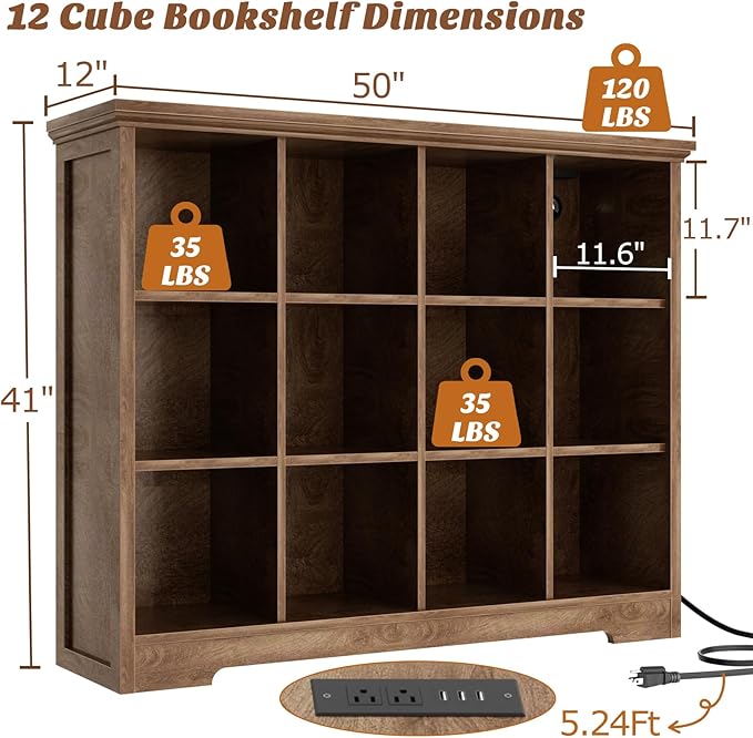 Aheaplus Wooden 12-Cube Storage Organizer with Charging Ports, Modern Cube Bookcase with Base, 4-Tier Floor Standing Open Cubbies Bookshelf, Cubicle Display Shelf for Home and Office, Cracked Oak