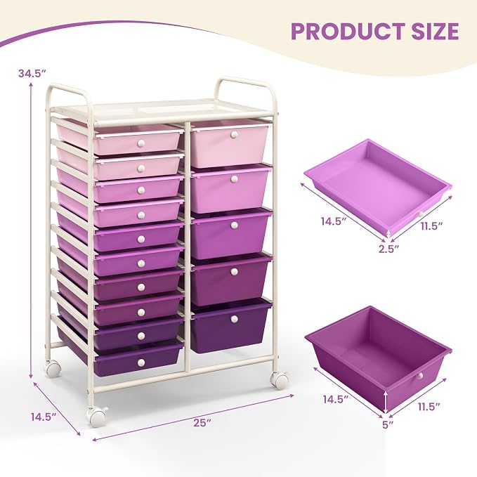 LUARANE Rolling Cart with 15 Drawers, Craft Storage Cart with Portable Handles & Lockable Wheels, Mobile Toys Organizer, Large Capacity Utility Drawer Cart Home Office School Teacher (Gradient Purple)