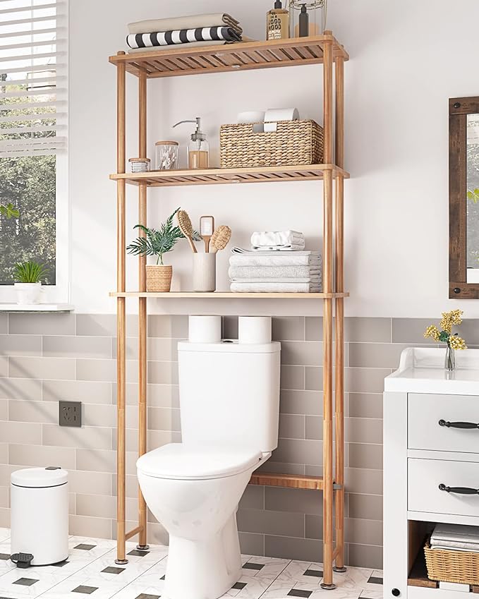 AmazerBath Over The Toilet Storage Bamboo, Bathroom Over Toilet Organizer Rack, 3-Tier Freestanding Above Toilet Shelf for Bathroom, Laundry, Space Saver, Natural Color