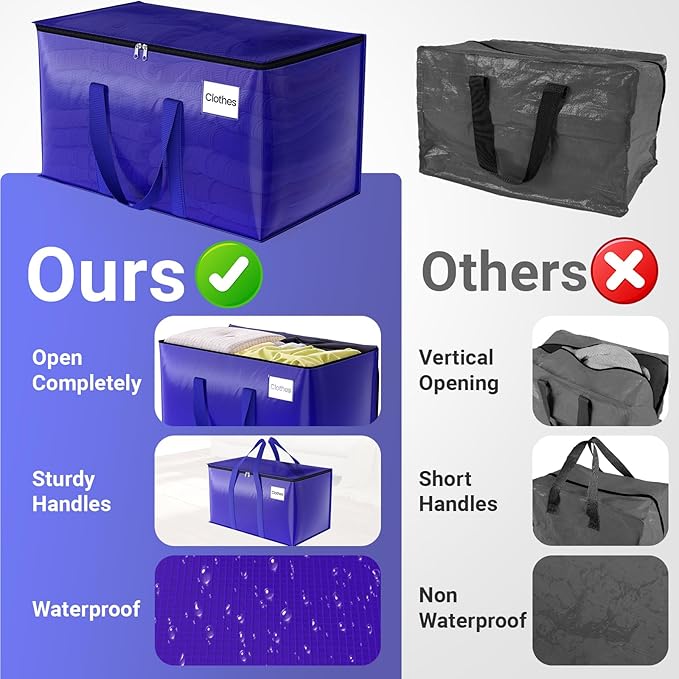 FabSpace Moving Storage Bags, Moving Supplies Packing Boxes for Moving, Camping, College Dorm Room Essentials for Girls, Blue Tote Bags, Heavy-Duty Storage Bins With Lids And Zippers, 125L 8Pack
