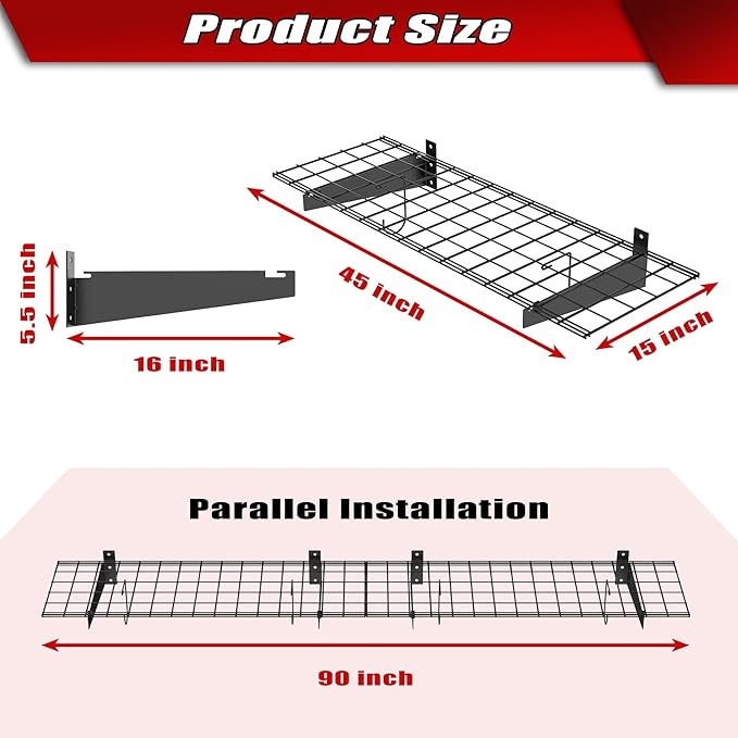 WALMANN 2 Pack Garage Wall Mount Shelves, 45x15 inch Wall Mounted Storage Shelves for Garage Heavy Duty Floating Shelf, Holds Up to 220 lbs(Black)