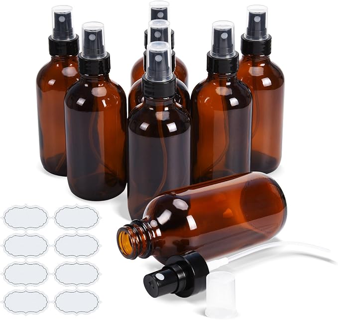 ULG Fine Mist Sprayers 4 oz Amber Boston Bound Glass Bottles 8 Pieces | Empty Spray Atomizer, Aromatherapy Cosmetic Sprays, Waterproof DIY Labels Included