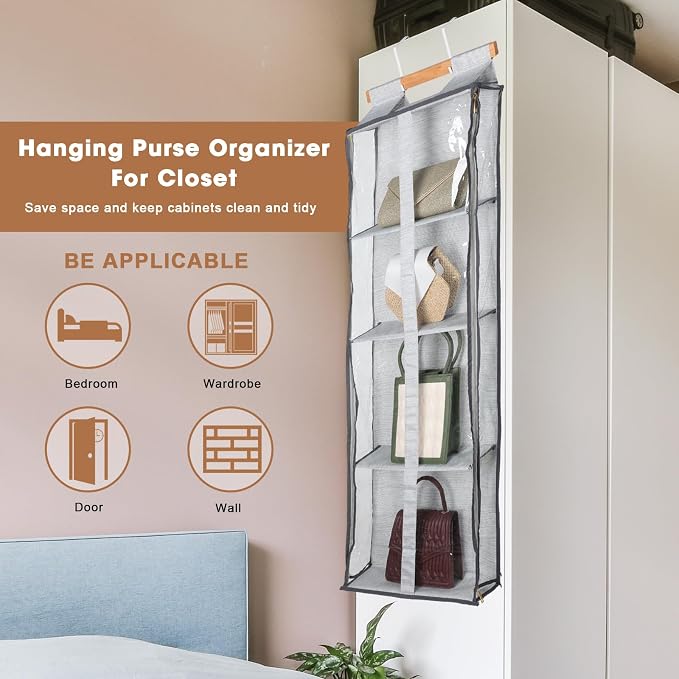Silkfly 2 Pack Hanging Purse Organizer with Zipper for Closet Handbag Storage PVC Mesh Shelves with 4 Pockets for Bedroom Door Wardrobe Shelf Rack Space Saving(Gray)