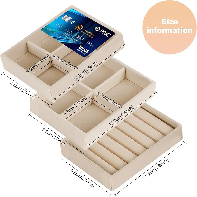 Small 8-Piece Velvet Jewelry Drawer Organizer Inserts Stackable Trays | 4.8in velvet trays with removable dividers, fits jewelry boxes & narrow drawers, stackable for earrings rings makeup storage