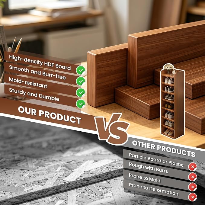 8 Tier Shoe Rack, Wood Tall Shoe Shelf for Closet Entryway | Vertical Shoe Storage Organizer, Space Saving Narrow Shoe Tower