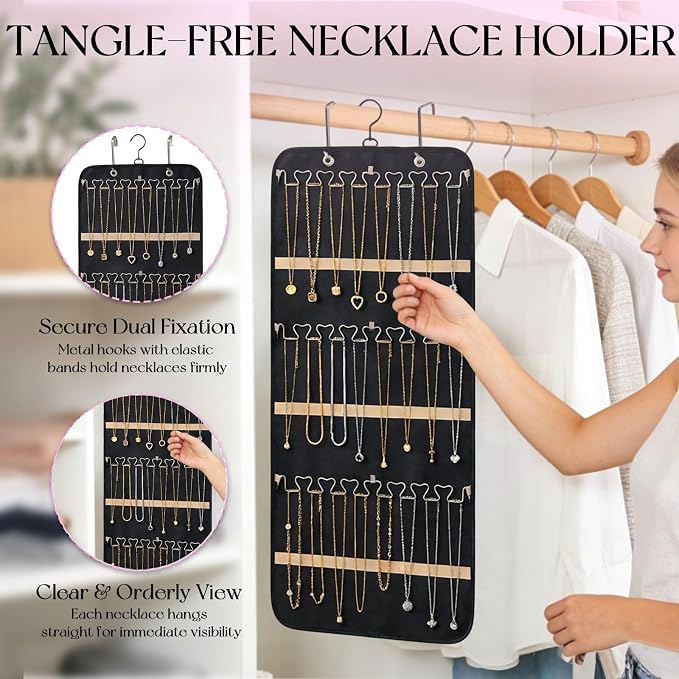 Jewelry Hanging Organizer, Oxford Fabric Jewelry Holder with Pockets & Metal Hooks, Wall Mount Door Hanging Storage for Necklaces, Earrings, Bracelets, Large Travel Closet Organizer for Women