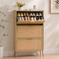Shoe Storage Cabinet for Entryway, Slim Freestanding Rattan Shoe Cabinet with 3 Flip Drawers, Hidden Shoe Organizer Cabinet, Narrow Shoe Rack, Farmhouse Design