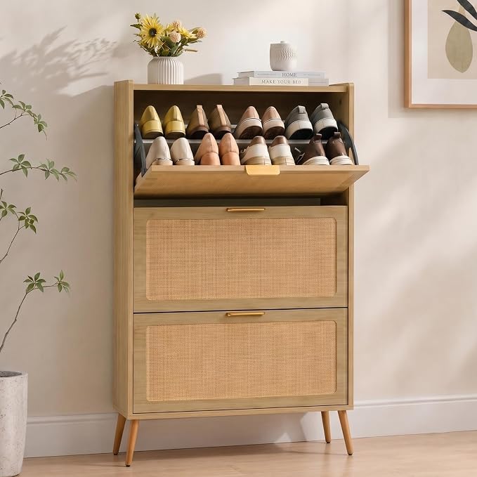 Shoe Storage Cabinet for Entryway, Slim Freestanding Rattan Shoe Cabinet with 3 Flip Drawers, Hidden Shoe Organizer Cabinet, Narrow Shoe Rack, Farmhouse Design