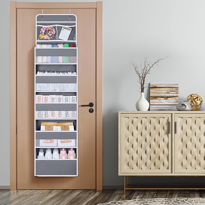 Univivi Over Door Hanging Organizer Storage with 5 Large Pockets and 2 Small PVC Pockets for Cosmetics Wall Hanging Storage Organizer for Pantry Baby Nursery Bathroom Closet Dorm(Grey)