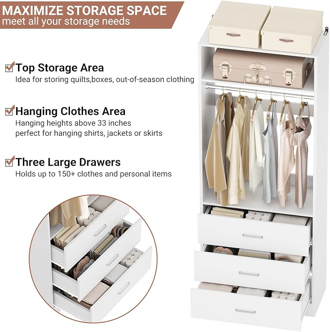 Besiost Closet System Set of 2, 4FT Closet Systems with 6 Wood Drawers, 48" Closet Organizer System with 2 Hanging Rods & 2 Shelves, Heavy Duty 48 Inch Walk-in Closet , White (48"L x 15" W x 80" H)