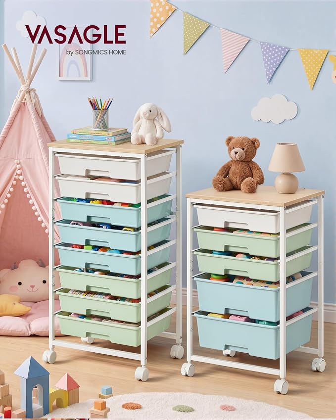 VASAGLE 8-Drawer Rolling Storage Cart, Utility Cart with Wheels and Wood Top, Craft Organizer for Office and Home, 15.6 x 11.2 x 30.1 inch, Green and White, Benco Collection ULRC006C101