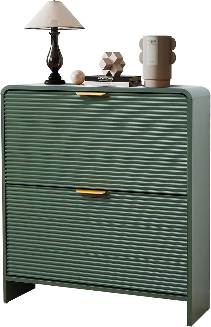 RARZOE Set of 2 Fluted Shoe Storage Cabinets for Entryway, Narrow Curved Shoe Cabinet with 2 Flip Drawers, Wood Hidden Shoe Organizer Closed Shoe Rack Cabinet for Foyer,Hallway (29.5''Green)