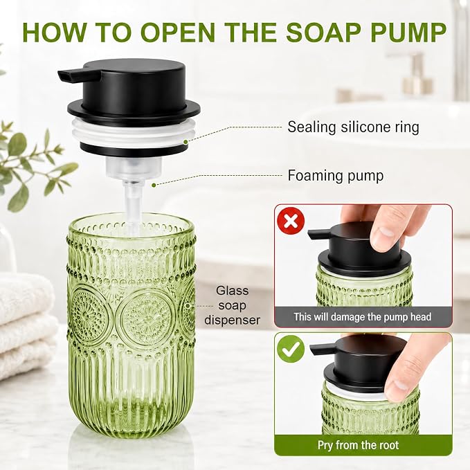 Foam Hand Soap Dispenser Glass, Green Foaming Hand Soap Dispenser | Reusable Foam Soap Dispenser with Black Foam Pump for Bathroom, Kitchen Decor,13.8 oz Large Capacity