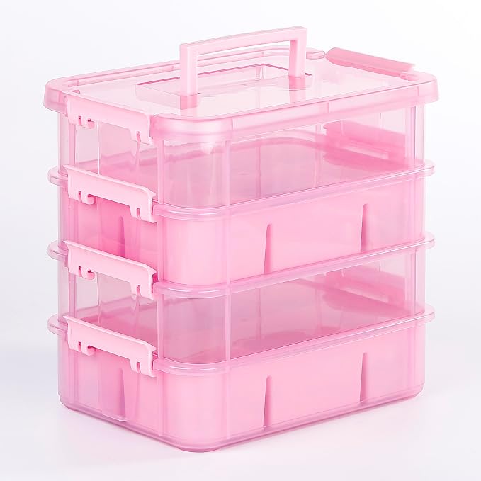 CraftGenes Art Supply Storage Organizer, 4-Tier 10 Qt Box, 2 Trays, Pink | Clear Compartments; Dual Removable Inserts; Carry Handle; Side Latches; Markers, Crayons, Brushes, Jewelry, Accessories