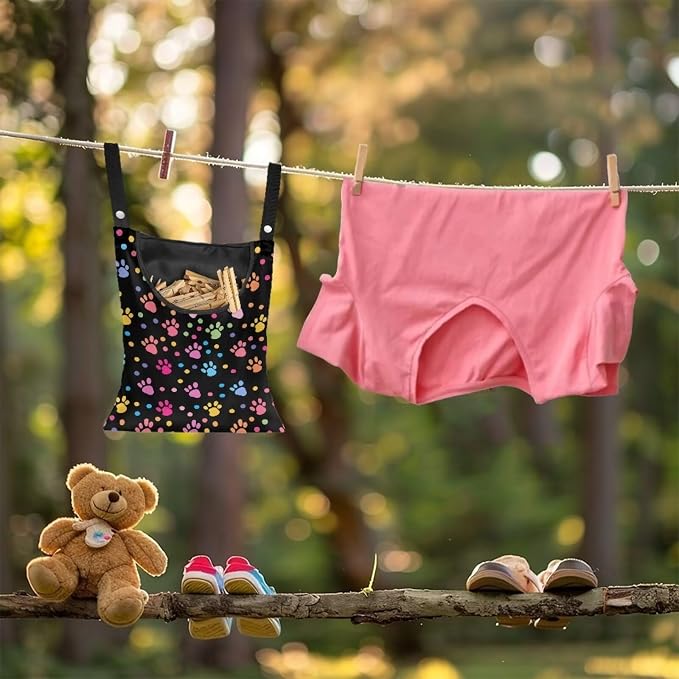 Dog Paw Print Laundry Clothespin Bags Hanging Storage Organizer 12 x 14.5 Inch Clothes Pin Bag Waterproof Clothespin Bag Clothespin Holder Large Opening and Hanging Rope