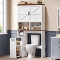 UPOSOJA Farmhouse Over The Toilet Storage Cabinet with Pulley Small Bathroom Storage Cabinet, Space Saver W/Adjustable Shelf & Open Shelf for Bathroom, Restroom, Laundry (White Brown-Type B)