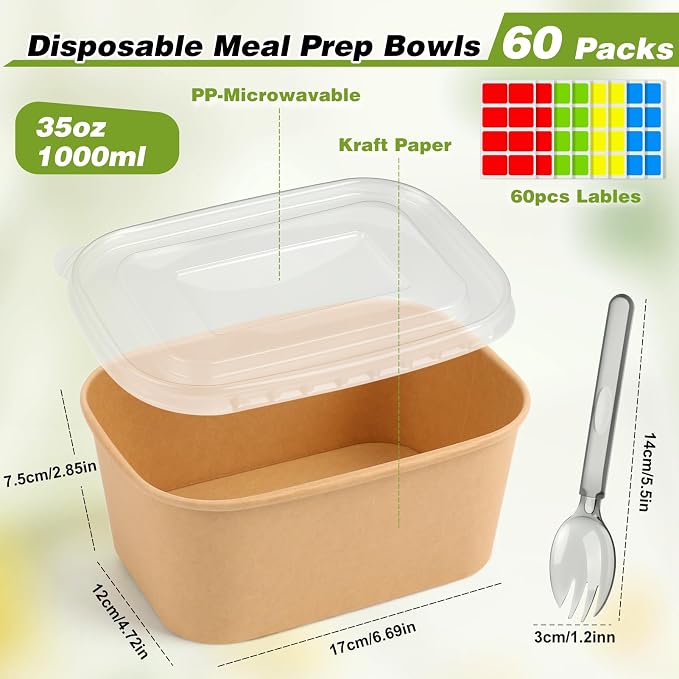 60 Packs 35oz Disposable Meal Prep Containers with Lids, Leak-Proof Microwave/Freezer Safe Food Prep Containers with Utensils & Labels, Sturdy Kraft Paper Bowls for Weekly Meal Prep, Lunch & Leftovers