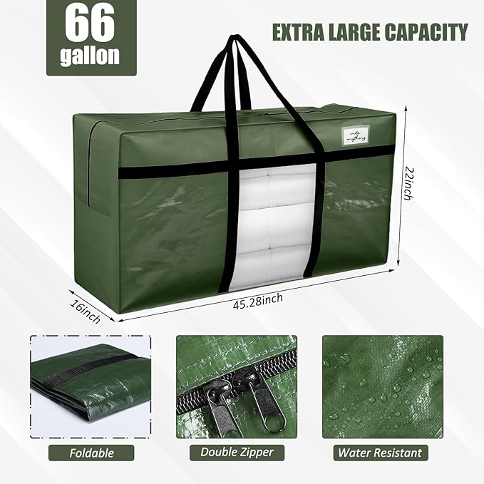 4 Pack 66 Gallon Extra Large Moving Bags with Visible Window XXL Heavy Duty Storage Bag Jumbo Big Tote for College Dorm Clothes Blankets Space Saving Alternative to Moving Boxes(Army Green)