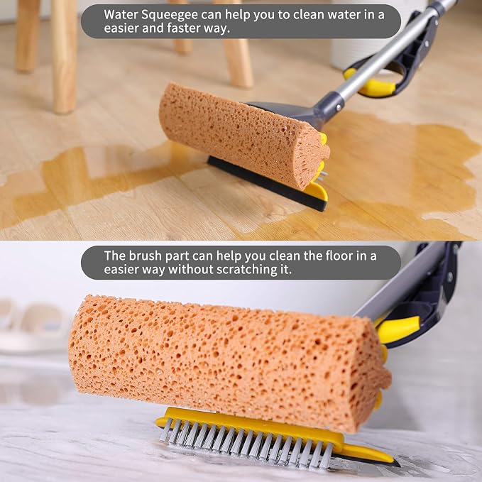 Yocada Sponge Mop Home Commercial Use Tile Floor Bathroom Garage Cleaning | Total 2 Sponge Heads NOT 3 Telescopic Handle Squeegee from 42.5 to 52 Inches Easily Dry Wringing only 2 Heads