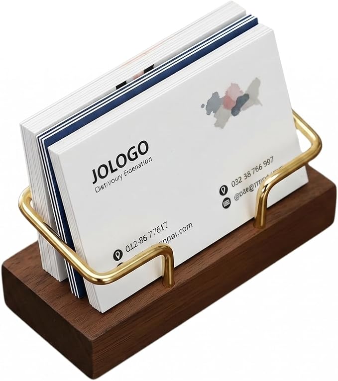 Solid Walnut Wood Business Card Holder, Brass Metal Arc Baffle Desktop Name Card Display Stand for Office Reception, Trade Show and Desk Organization Black