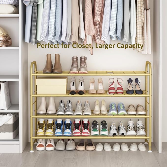 LINZINAR 4 Tier Long Shoe Rack for Closet Metal Shoe Organizer for Entryway | Spacious design stores 25+ pairs of shoes,durable metal frame,space-saving organizer for closet, hallway, and Entryway Gold