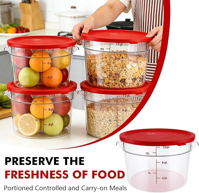 4-Pack Food Storage Containers with Lids,Round Plastic Containers for Kitchen, Food Grade, BPA-Free, Stackable, Clear Red Storage Buckets (Red, 10L)