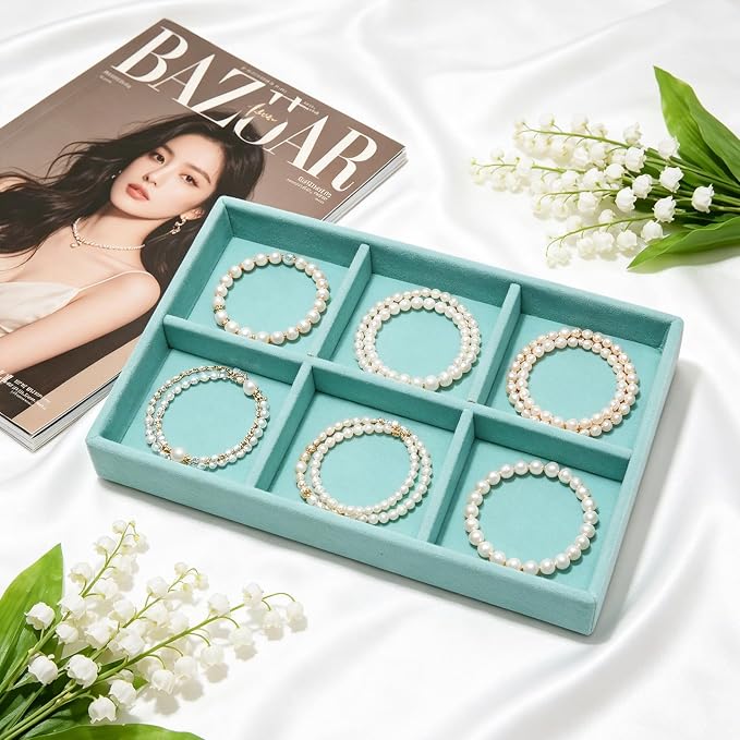 Velvet Jewelry Trays for Drawers, Blue Stackable Jewelry Drawer Organizer Inserts, Ring Earring Necklace Bracelet Holder Organizer Storage Display Tray with Removable Dividers, 6 Grids