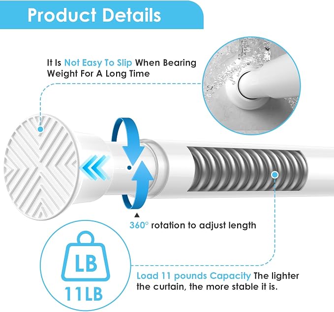 2Pcs Tension Curtain Rod 24 To 46 Inch White Shower Curtain Rod No Drilling Adjustable Spring Loaded Curtain Rods Shower Rods For Bathroom Windows Bedroom Closet Doorway Door
