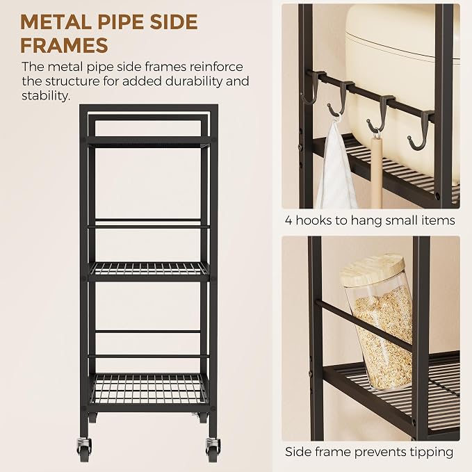 3-Tier Metal Storage Rack with Industrial Wheels,Mesh Shelving Unit with Wooden Table top,Adjustable Shelf,23.6-Inch Width,15.8-Inch Depth, for Kitchen, Laundry,Pantry,Plant,Black panel