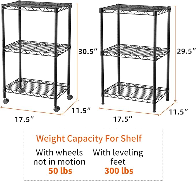 SINGAYE 3 Shelves Storage Shelf Wire Shelving Unit Metal Adjustable Wheels | Small Shelf Storage with Wheels Organizers Closet Unit for Bathroom Laundry Room Kitchen Pantry11.5D x 17.5W x 30.5H Black