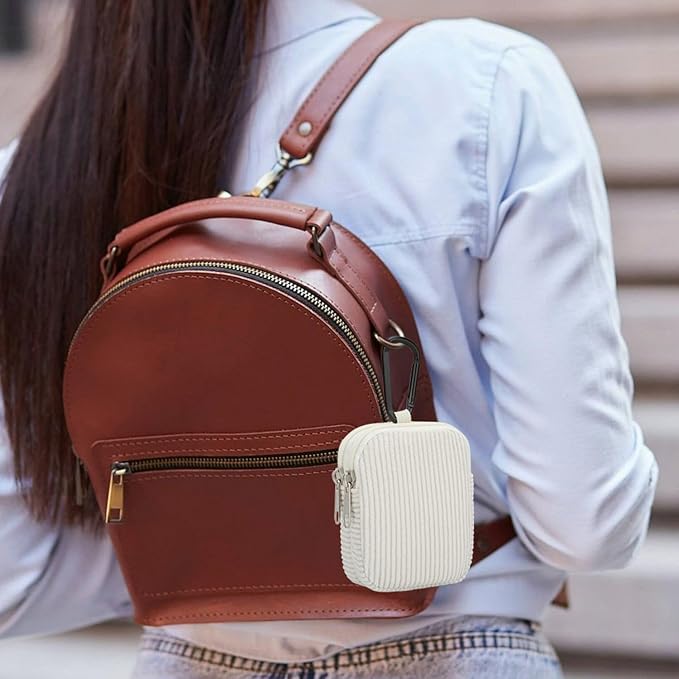 E-Tree Coin Purse with Carabiner Clip, Dual Layer Card Case Holder, Mini Pouch for AirPod Earphone Keychain USB Cable,Wallet, Small Accessories Organizer Bag for Women and Men (White Corduroy)