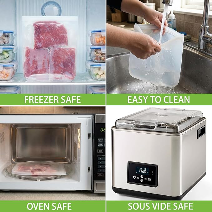 100% Silicone Flat Gallon Freezer Bags, 4 Pack Extra Large Reusable Silicone Ziplock Bags Gallon Size for Freezer, Double Zipper Seal, BPA & Microplastic Free, Freezer Microwave Sous Vide Safe, Clear