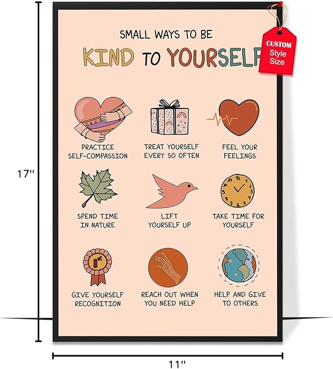 LOLUIS Mental Health Poster, Boho Therapy Tools Educational Supplies Art Print Classroom School Office Decor (Be Kind To Yourself, Custom Frame Type)