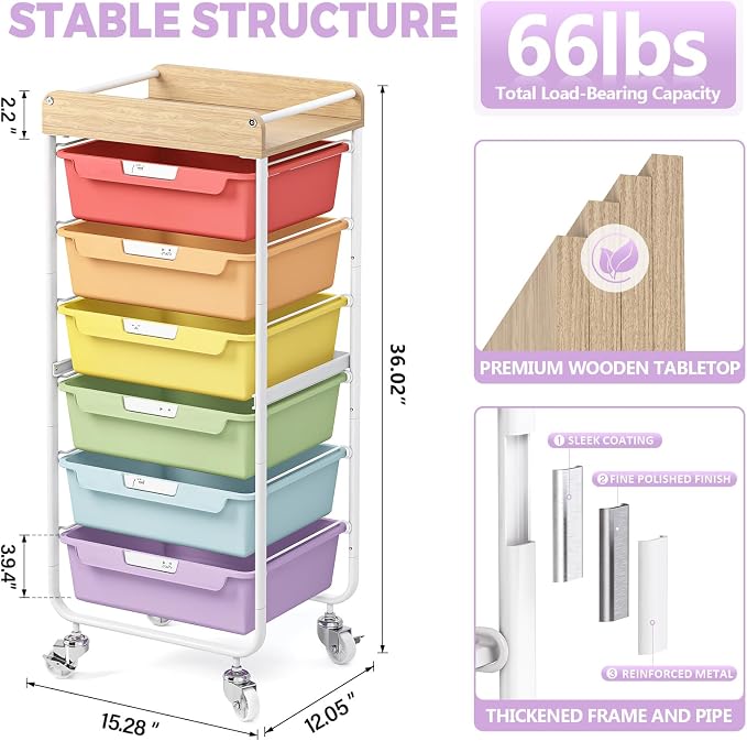 SYKIARIOL Rolling Cart with 6 Drawers, Utility Storage Cart with Labeling Jelly Bean Color Drawer for Classroom, Kids Room, Dorm, School, Storage Study Arts Craft Sewing Supplies Organizers