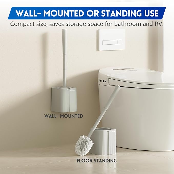 Y-in Hand Toilet Brush, Toilet Bowl Cleaners Brush with Hidden Holder, Long Handle, Durable PP Bristles, Modern RV Bathroom Accessories, Deep Cleaning, Wall mountable. - Grey