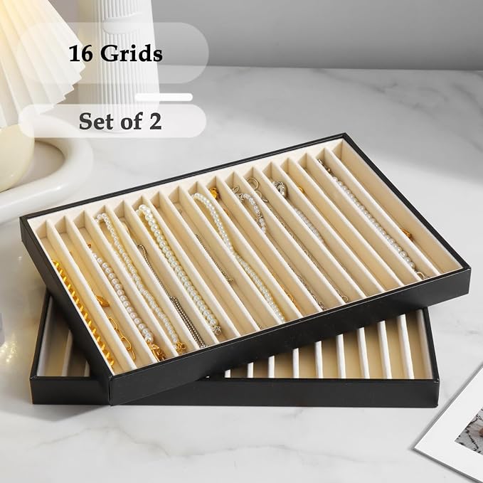 Large Jewelry Organizer Tray 2 Pack, Stackable Jewelry Storage Holder for Drawer Inserts, PU Leather Velvet Jewellery Display Case for Earring Bracelet Necklace Ring (Black Beige, 16 Grids)