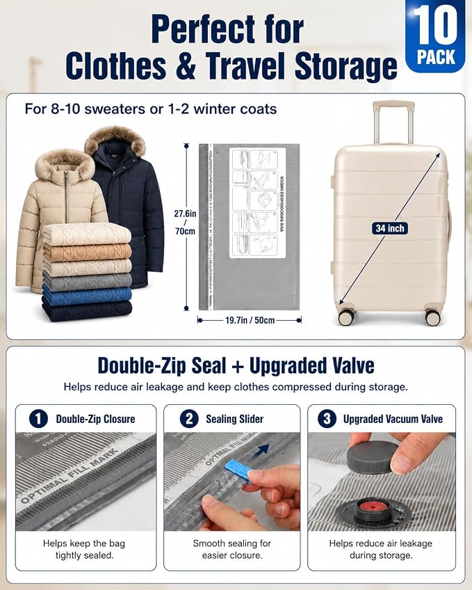 Fantictas Vacuum Storage Bags with Hand Pump, 10 Medium Space Saver Bags for Clothes, Bedding and Travel, Reusable Compression Bags for Closet, Luggage and Moving