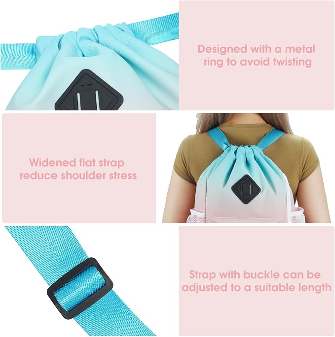 WANDF Drawstring Backpack with Shoe Compartment, Sports Gym Bag | Multi-Pocket Storage, Water-Resistant Fabric, Cinch String Bag