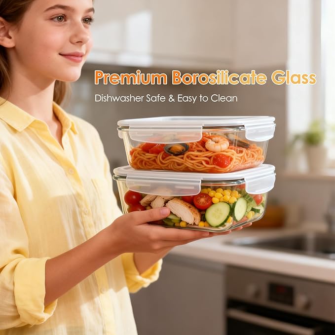 2 Pack 78oz/9.8 CUPS Large Glass Storage Containers with Lids, Meal Prep Food Container Set, Airtight Leakproof Snap Lids, For family meal prep, Baking, Microwave Oven Freezer Dishwasher Safe
