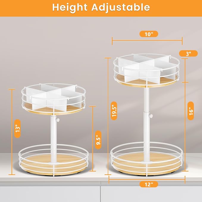 Snack Organizer 2 Tier Lazy Susan Storage Holder, White | Adjustable Height, 360° Rotation, For Countertop Office Home Breakroom