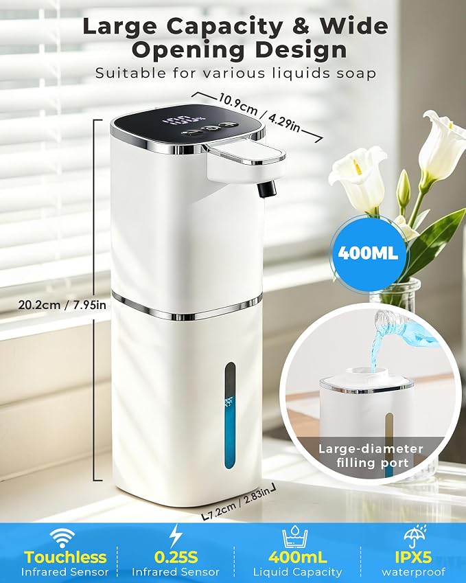 Automatic Foaming Soap Dispenser, USB Rechargeable | 13.5oz/400mL, 9-Adjustable Foam Levels, IPX5 Waterproof, Touchless & Wall/Tabletop Use for Kitchen Bathroom, White