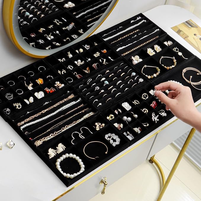 SPAKOWN Jewelry Drawer Organizer Inserts Set of 9, Jewelry Trays for Drawers Velvet Jewelry Organizer Tray Drawer Jewelry Organizers and Storage for Earring Ring Necklace Watch Bracelet (Black)