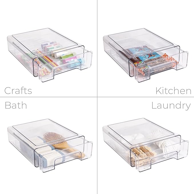 Smart Design Pull-Out Stackable Storage Bin - 9.8" D x 8.25" W x 3" H- Clear