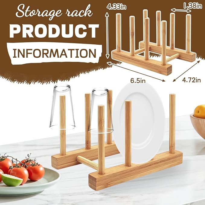 Bamboo Dish Drying Rack for Kitchen Counter, 3 Slots Plate Organizer Stand for Cups Cutting Board Pot Lid Books, Space Saving Bamboo Rack for Cabinet Display