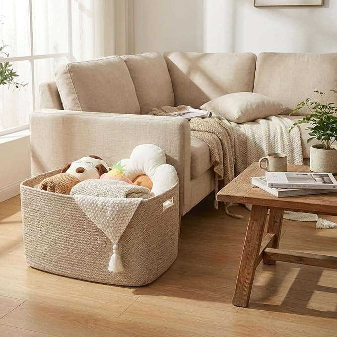 JMvicyroam Woven Blanket Basket,96L Large Storage Bin for Blankets Toys Clothes,Decorative Rope Basket for Living Room Bedroom with Handles, Oatmeal