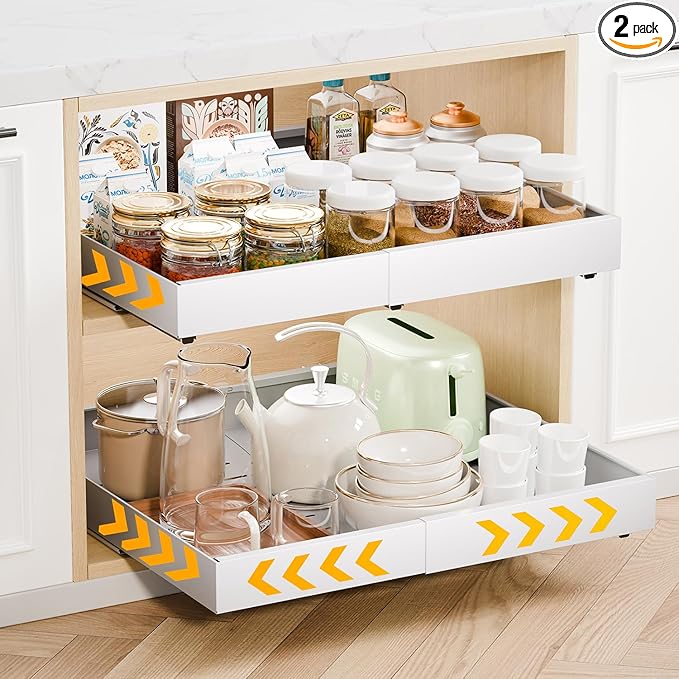 2 Pack 21" Deep Pull Out Cabinet Organizer, Expandable(12.5"-20.5") Slide Out Drawer, Pull Out Drawer Storage Organizer with Adhesive for Kitchen Bathroom Home, White